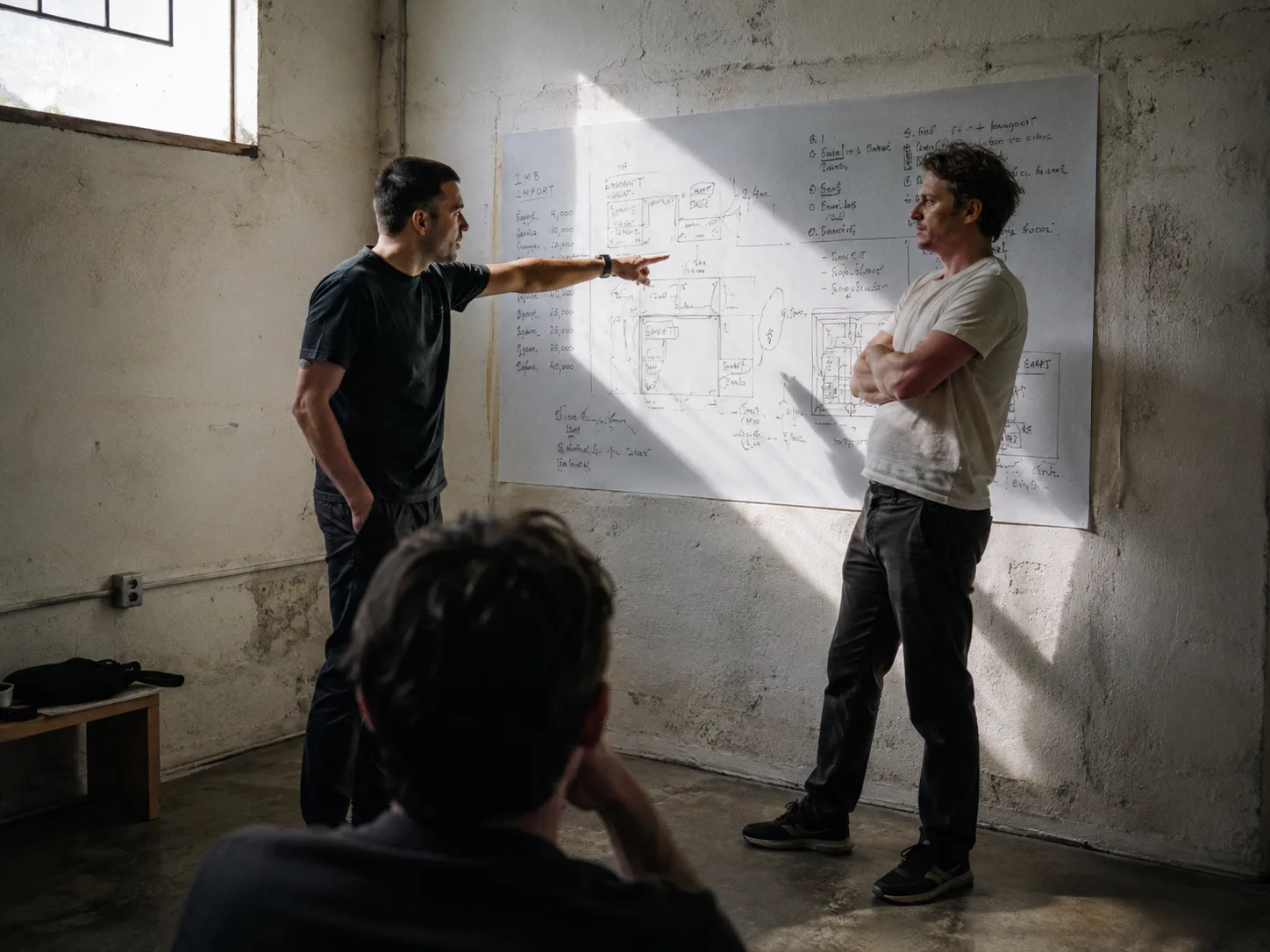 Dos personas discutiendo frente a un diagrama